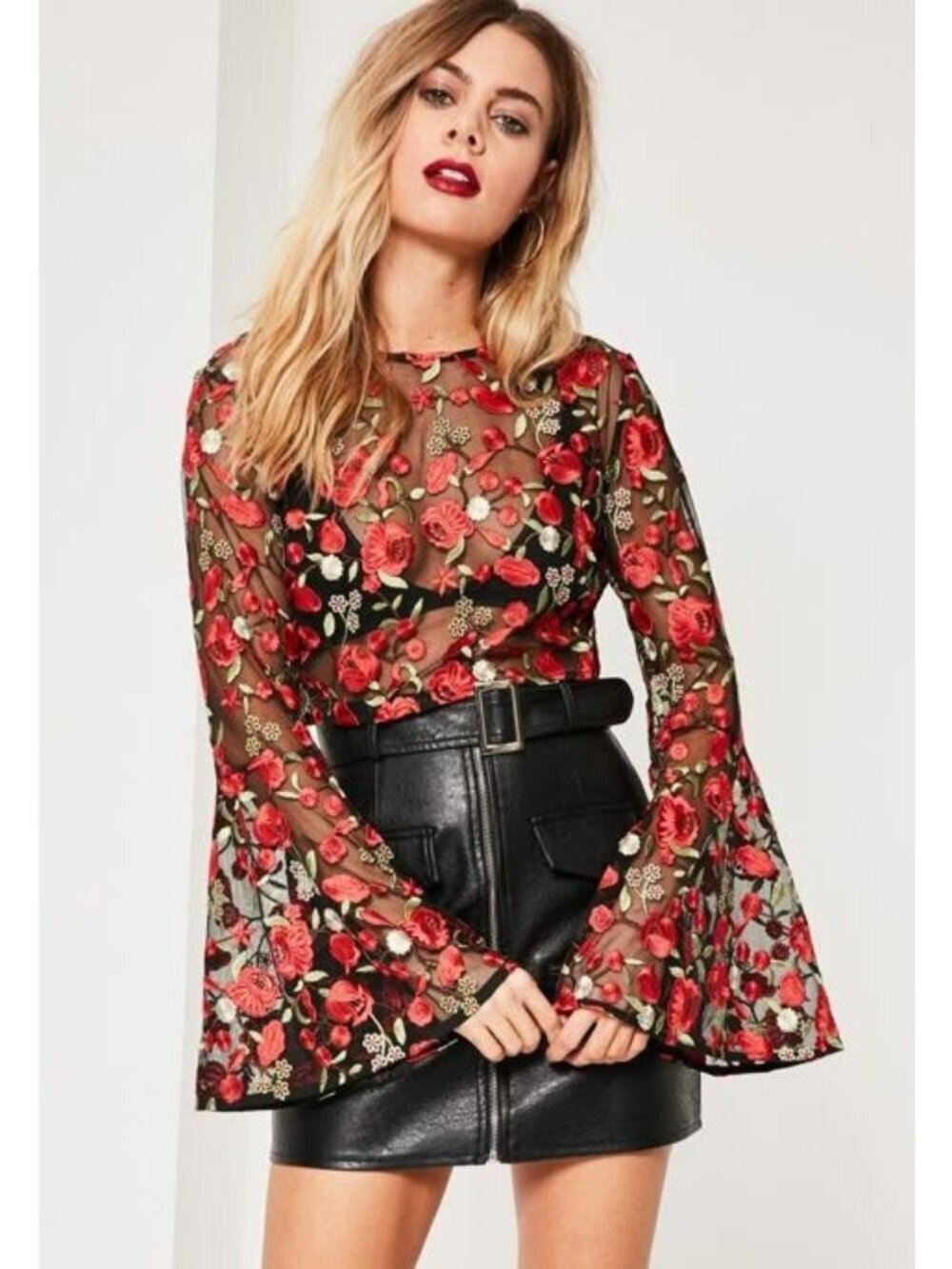Embroidered Sheer Black Mesh Crop Top With Red Rose Design & Bell Sleeves By Hau